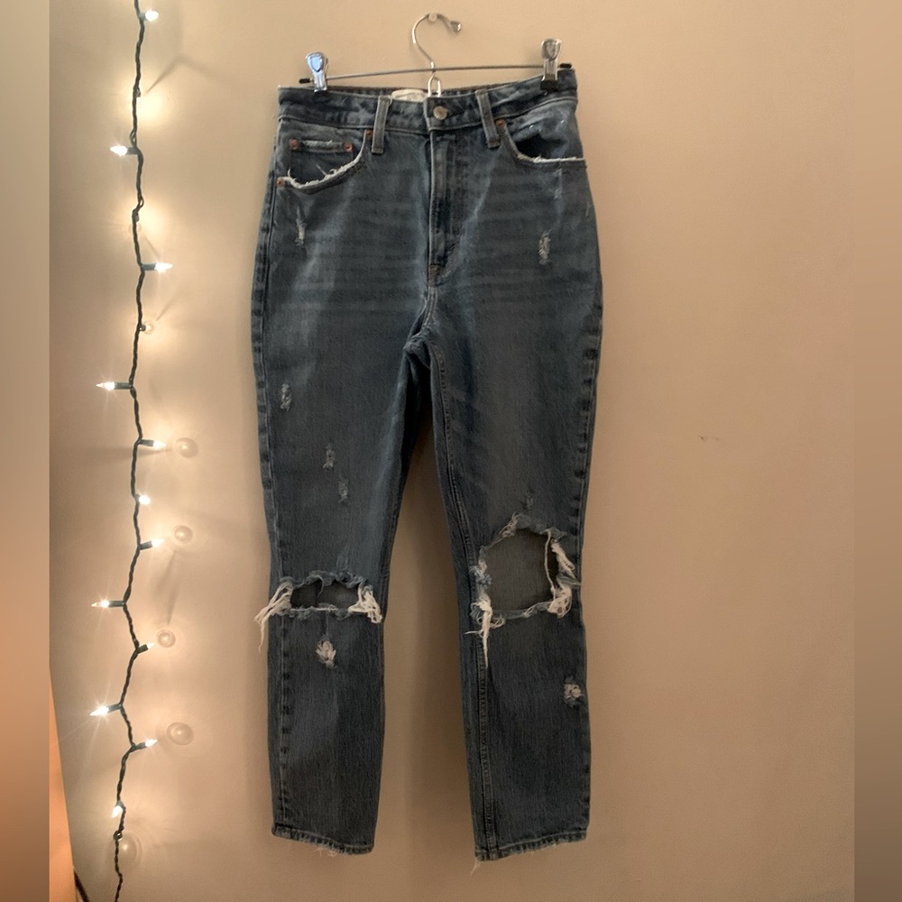 Abercrombie and fitch high rise ripped mom jean.